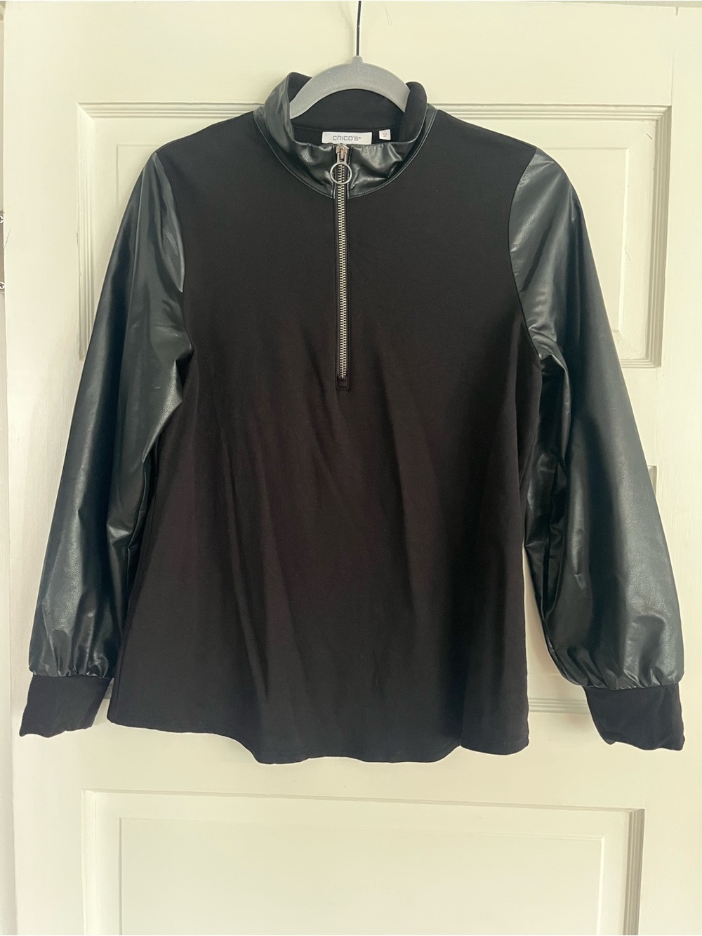 Chico's Black Faux-Leather Sleeve Half-Zip Top